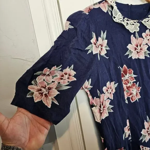 Vintage 90s Floral Dress Women Med Blue Lace Pleated Preppy Cottage Modest Retro - Picture 5 of 9